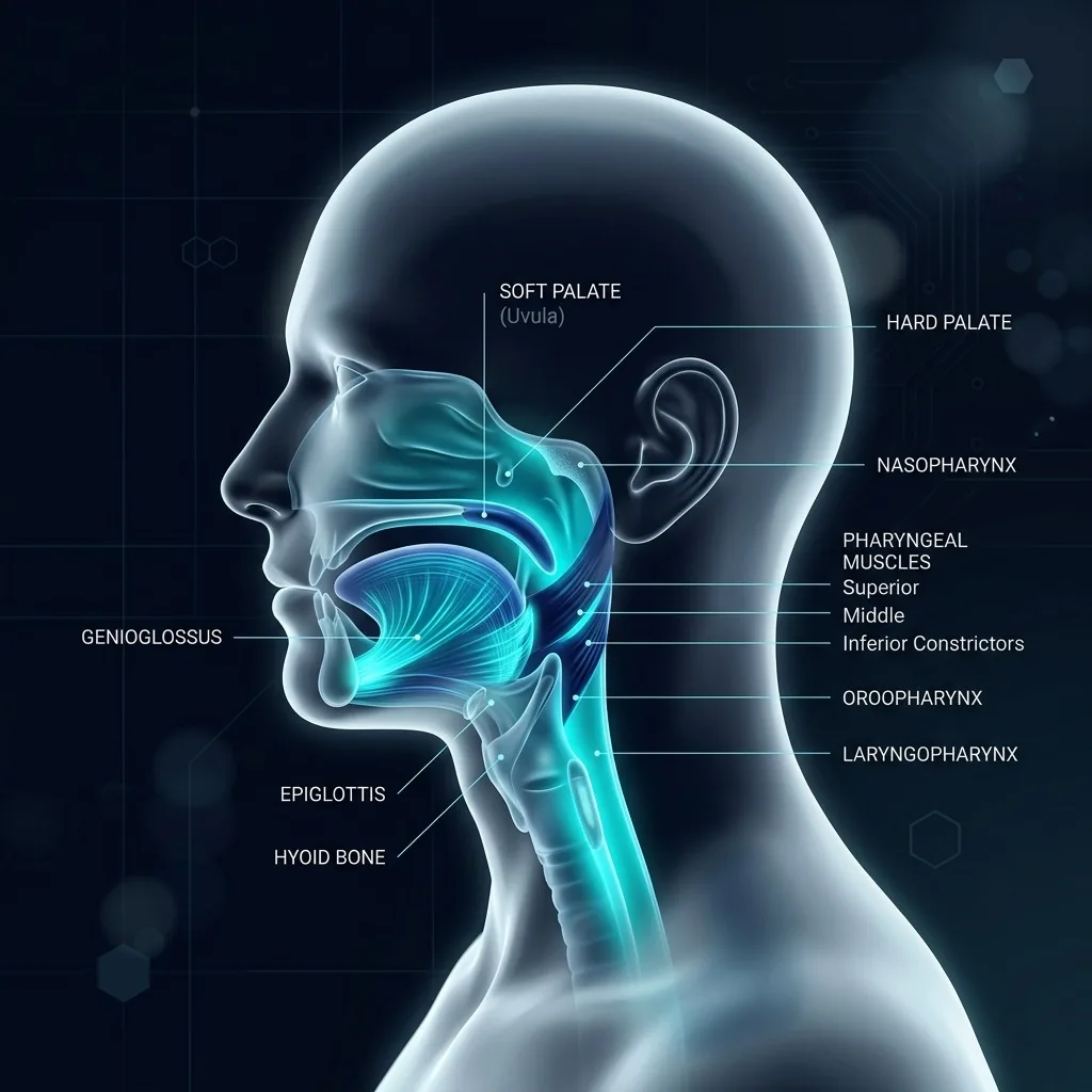 Labeled upper-airway anatomy showing tongue, soft palate, and throat structures that relax further after alcohol