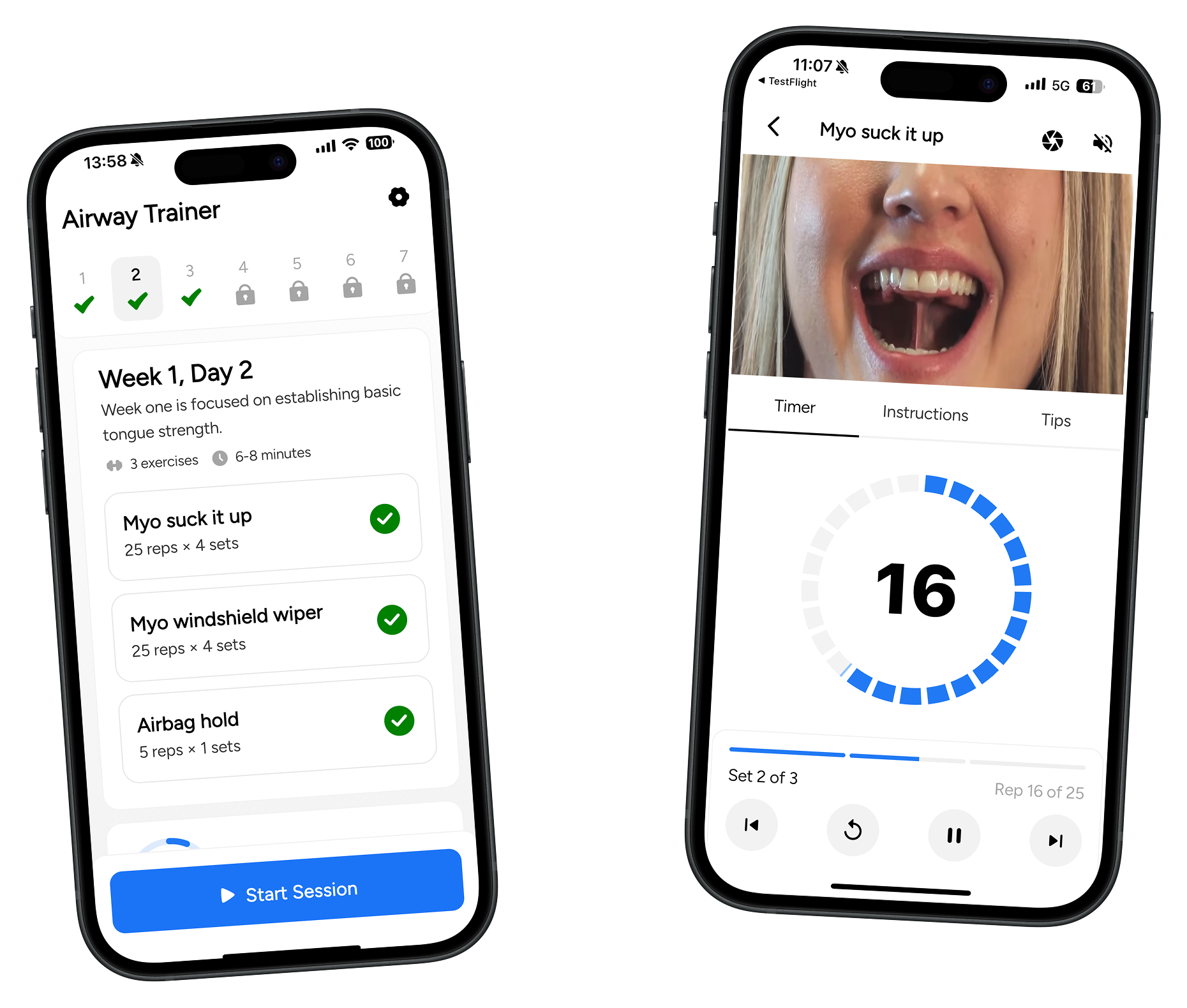 Airway Trainer app shown on three phones displaying training plan, exercise video, and timer screens