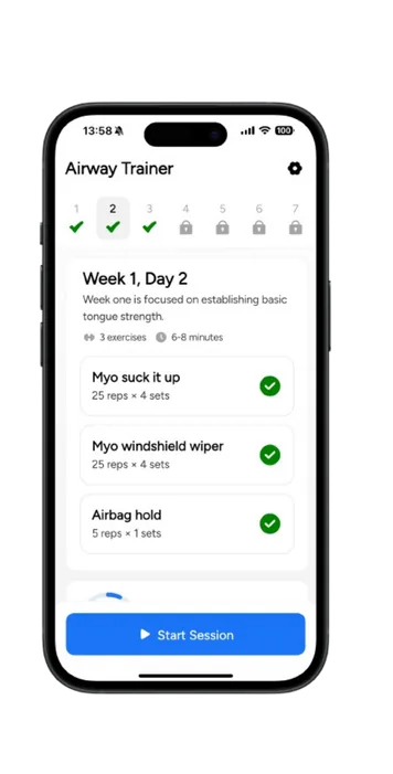 Guided nasal breathing session plan in the Airway Trainer app
