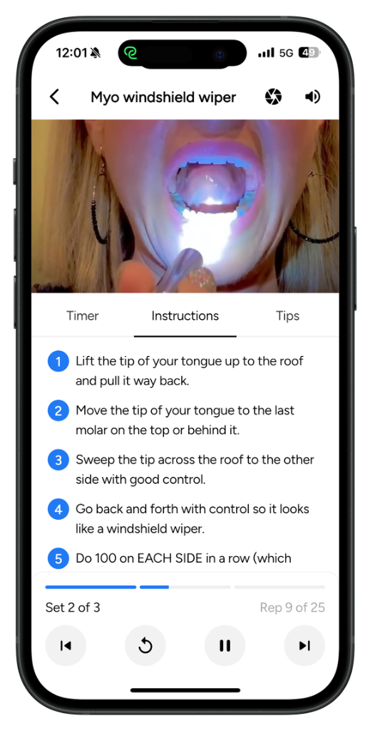 Airway Trainer exercise screen showing guided tongue movement with timer